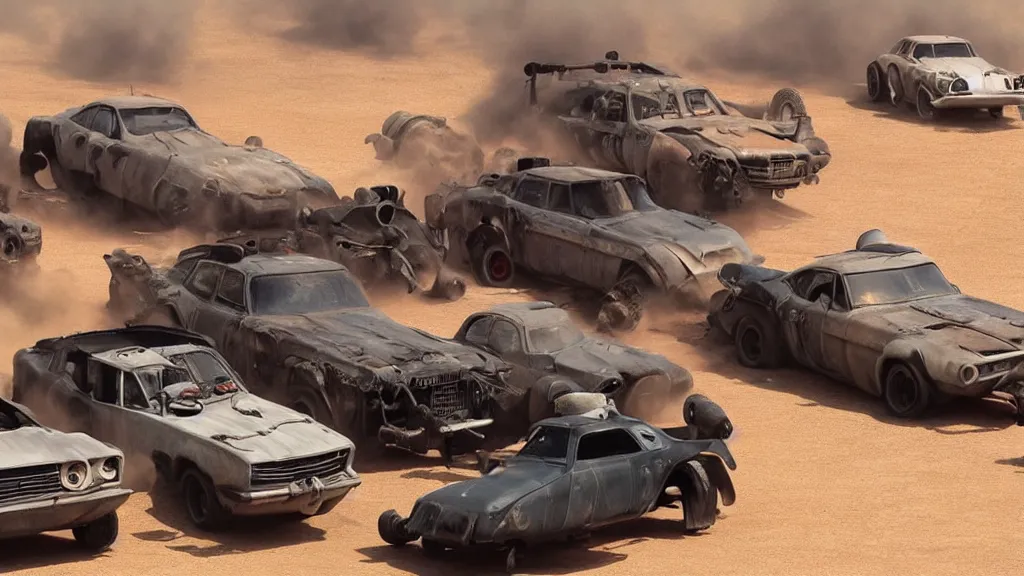 Image similar to mad max cars in a pixar movie