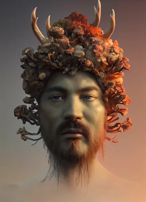 Image similar to Stone Head of a forgotten Deity, translucent mushrooms, antlers, layers of mushrooms, extremly detailed digital painting, in the style of Fenghua Zhong and Ruan Jia and jeremy lipking and Peter Mohrbacher, mystical colors, rim light, beautiful lighting, 8k, stunning scene, raytracing, octane, trending on artstation