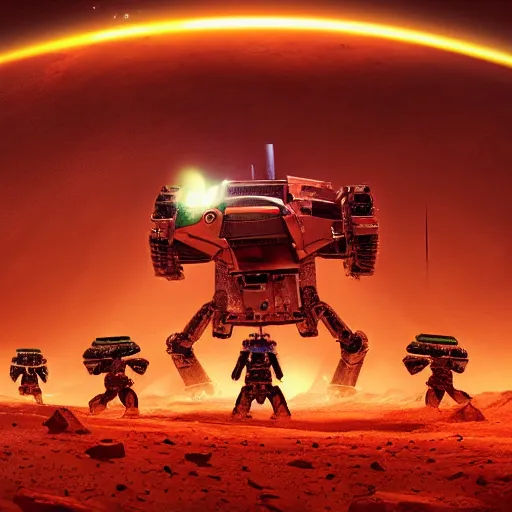 Image similar to mechas in for of mice are invading Mars with laser guns, sharp edges, extreme details, super resolution, stunning, breathtaking, award-winning concept art, extremely dramatic lighting, glowing light and shadow, atmospheric, cinematic, 8K,