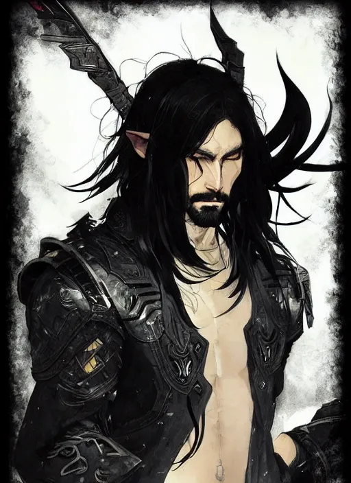 Image similar to Half body portrait of a handsome elven warrior with long black hair and facial hair wearing a black jacket. In style of Yoji Shinkawa and Hyung-tae Kim, trending on ArtStation, dark fantasy, great composition, concept art, highly detailed.