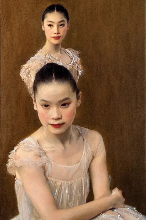 Image similar to portrait of a gorgeous graceful young filipina prima ballerina, by donato giancola and berthold woltze.