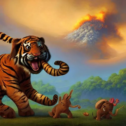 Image similar to a tiger, an elephant and a rabbit running away from a volcano by justin gerard, deviantart