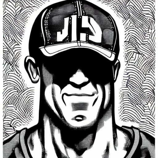 Image similar to black and white illustration of john cena in the style of junji ito