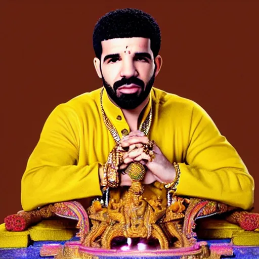 Prompt: drake the rapper wearing a kurta, hindu kovil scene