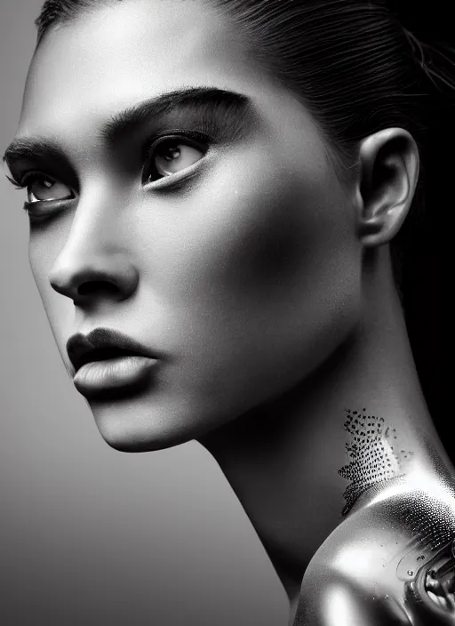 Image similar to a stunning young female cyborg profile face, face is made intricate tribal bio - mechanical, editorial photography, bw, shot on 7 0 mm, depth of field, f / 2. 8, high contrast, 1 6 k, rays of shimmering light, volumetric lighting, shiny, insanely detailed and intricate, hypermaximalist, elegant, ornate, hyper realistic, super detailed