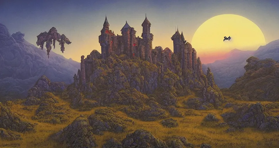 Image similar to haunted castle in a hill next to a giant valley, sunrise by gerald brom