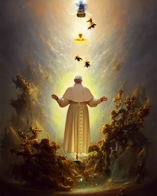 Prompt: The pope as a beekeeper, heavenly clouds, radiant halo of light, fantasy portrait by peter mohrbacher and tony sart