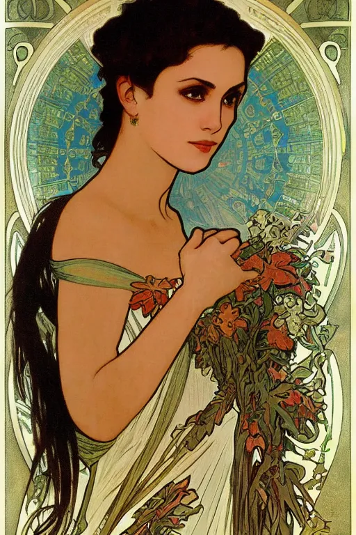 Prompt: portrait of monica belucci from the movie malena, artwork by alphonse mucha