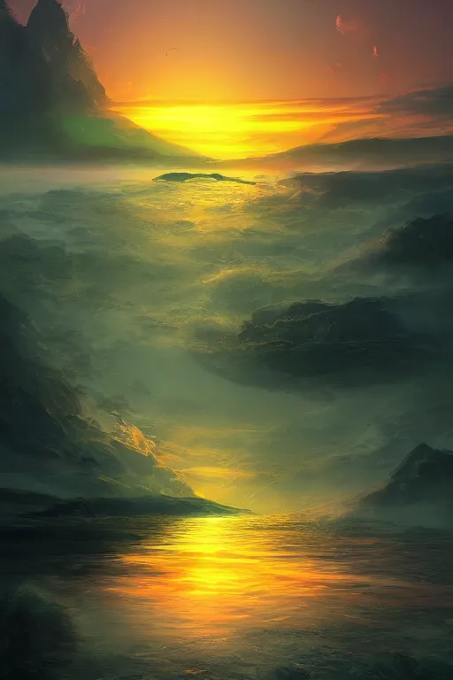 Prompt: digital painting of a sunset over a body of water, digital art by stephan martiniere, trending on artstation, fantasy art, apocalypse landscape, apocalypse art, speedpainting