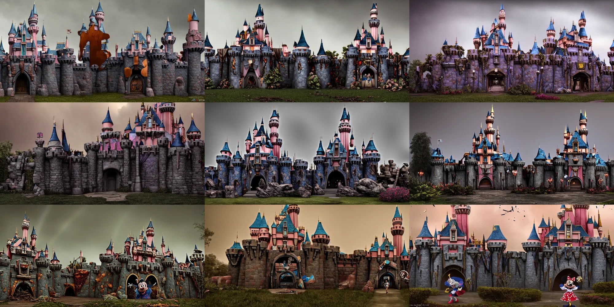 Prompt: front view of destroyed disneyland fairytale castle from the disney ´ s logo, decay, ruins, creepy logo disney castle, vandalism, abandoned structures, photography, desaturated and muted colors, debris chips ruins, urban exploration, stormy background, by annie leibovitz, cg society, octane render, 8 k, at dusk, evening, no rainbow