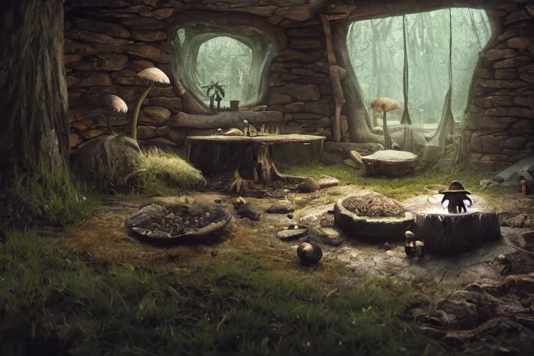 Image similar to Interior of a witches hut, 3d scene, render, ultra realistic, zenith view, Greg Rutkowski, artstation, cgsociety, level design, unreal engine mushroom goblin sweeps floor, cauldron boils over, 3d scene, render, ultra realistic, zenith view, Enki Bilal style