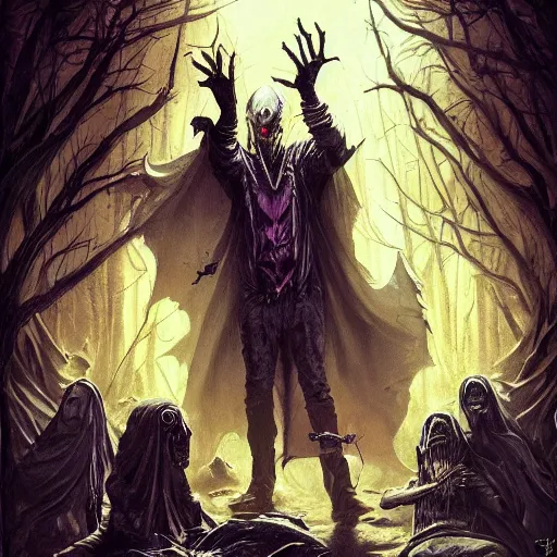 Image similar to warlock summoning an army from the dead, Elmore, Larry, painting, dark, horror, aesthetic, art station,