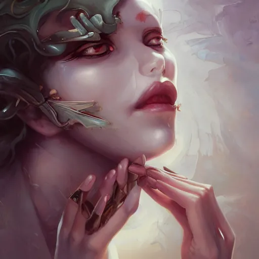 Image similar to blindfolded woman with a finger on her lips shushing, by peter mohrbacher, artgerm, karol bak, loish, ayami kojima, james stokoe, highly detailed, ultra detailed, ultra realistic, trending on artstation