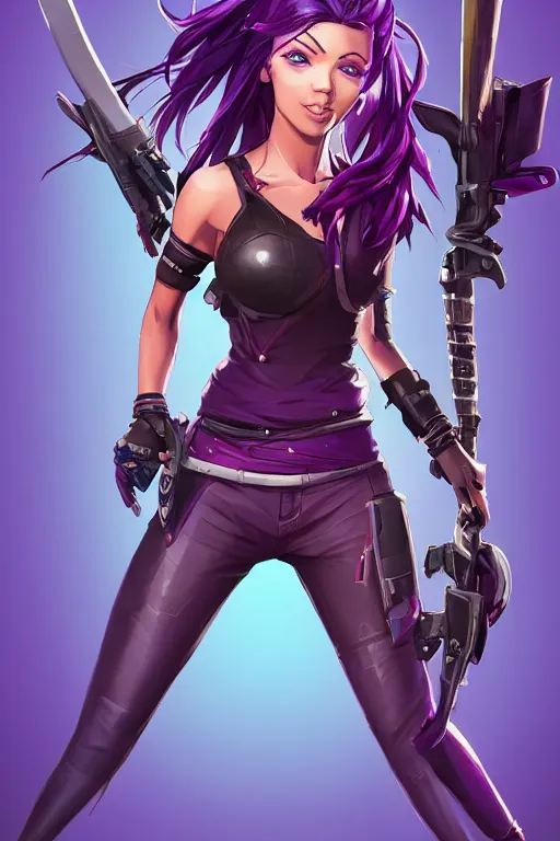 Image similar to beautiful female purple hair katana on back symmetrical face eyes full length fantasy art apex fortnite Video game icon, 2d game art gta5 cover , official fanart behance hd artstation by Jesper Ejsing, by RHADS, Makoto Shinkai and Lois van baarle, ilya kuvshinov, rossdraws