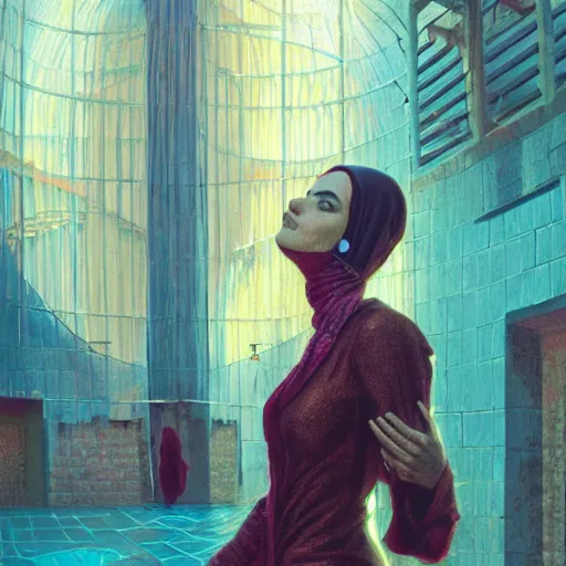 Image similar to detailed face of an arabic woman, opulent courtyard, moment, tectonic sky, skydome, reactor, utopian, tech noir, wet reflections, prism, atmospheric, ambient, pj crook, syd mead, livia prima, artgerm, greg rutkowski, nick alm, casey baugh