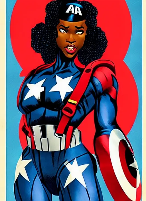 Image similar to beautiful black female captain america. afro - feminist captain america wins wwii. american wwii propaganda poster by james gurney, rob liefeld and pixar. gorgeous face. overwatch, realistic. black power