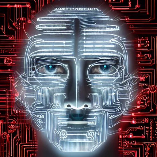 Image similar to portrait photo of a cybernetic cyborg half human face half robot face, circuitry, high tech, future