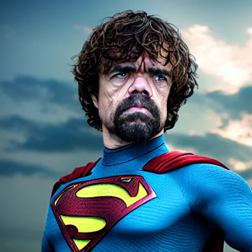 Image similar to stunning awe inspiring peter dinklage as superman, movie still 8 k hdr atmospheric lighting