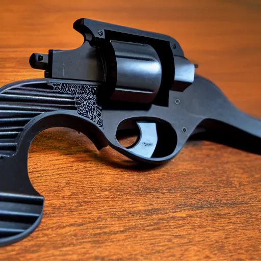 Image similar to a model 4 6 0 xvr revolver, fully 3 d printed in black filament, with some visible flaws and layer lines. 5 0 mm lens, f 1. 8.