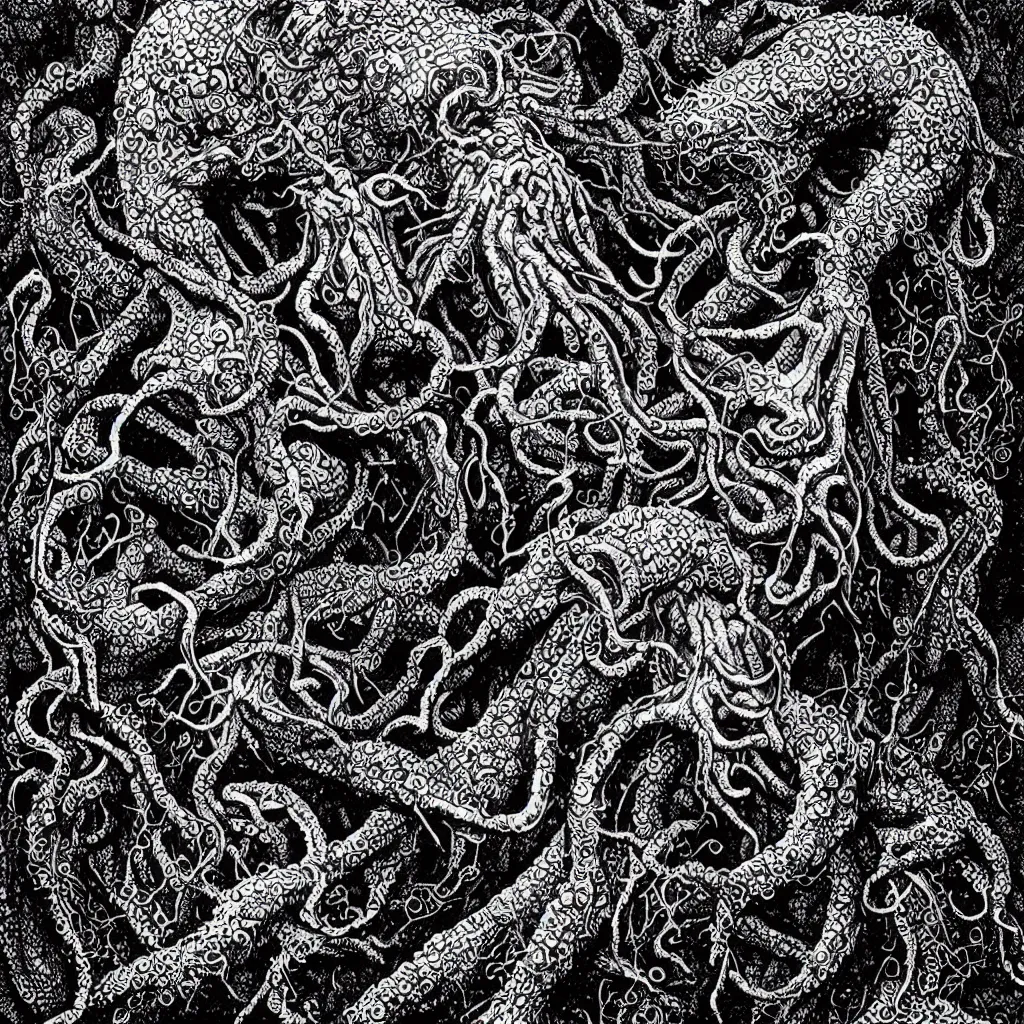 Image similar to portrait of Cthulhu by Dan Hillier, intricate, lovecraftian, black and white and gold