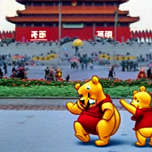 Image similar to grainy photo of winnie the pooh in tiananmen square, tanks