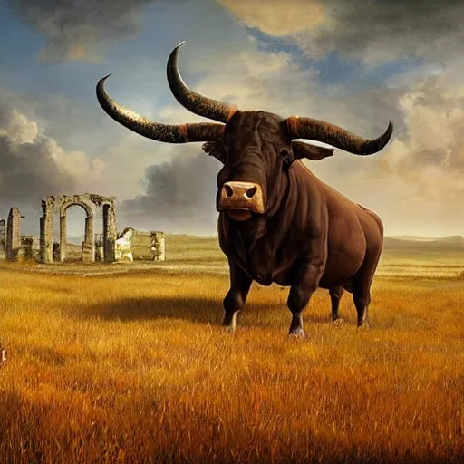 Prompt: a medium shot of a giant bull with horns decorated!!! with bells and ribbons, background is the ruins, in the steppe, autumn field, misty background, from the game pathologic 2, highly detailed, sharp focus, matte painting, by rosa bonheur, by isaac levitan and asher brown durand,