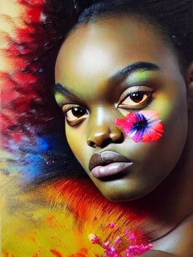 Image similar to portrait of duckie thot with a floral background : : painted by artgerm, karol bak, artur bordalo, sandra chevrier : : portrait, character, illustration, hyperrealism, photorealism,