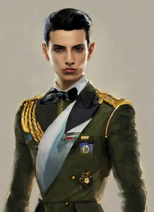 Prompt: a professional painting of a beautiful young prince, wearing an origami high fashion tuxedo, olive skin, buzzed short dark hair, beautiful bone structure, symmetrical facial features, intricate, elegant, digital painting, concept art, smooth, sharp focus, illustration, from Metal Gear, by Ruan Jia and Mandy Jurgens and Artgerm and William-Adolphe Bouguerea