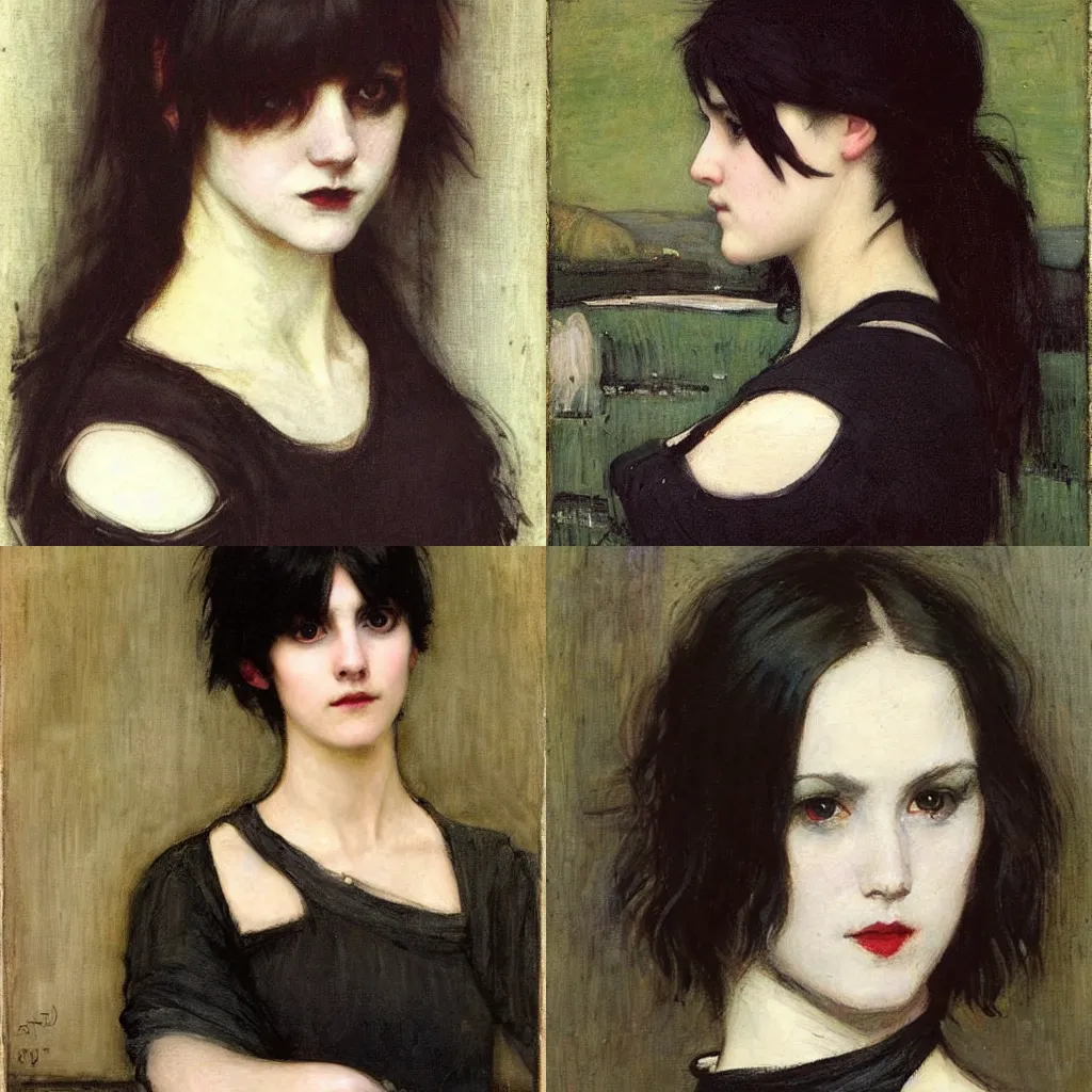 Prompt: a goth portrait painted by john william waterhouse. her hair is dark brown and cut into a short, messy pixie cut. she has a slightly rounded face, with a pointed chin, large entirely - black eyes, and a small nose. she is wearing a black tank top
