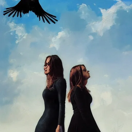 Image similar to morning, raven bird perching on the shoulder of a woman in a black dress. sun, cinematic, clouds, vogue cover style, copper and deep blue mood, realistic painting, intricate oil painting, high detail, figurative art, multiple exposure, poster art, 3 d, by simon bisley, ismail inceoglu, wadim kashin, filip hodas.