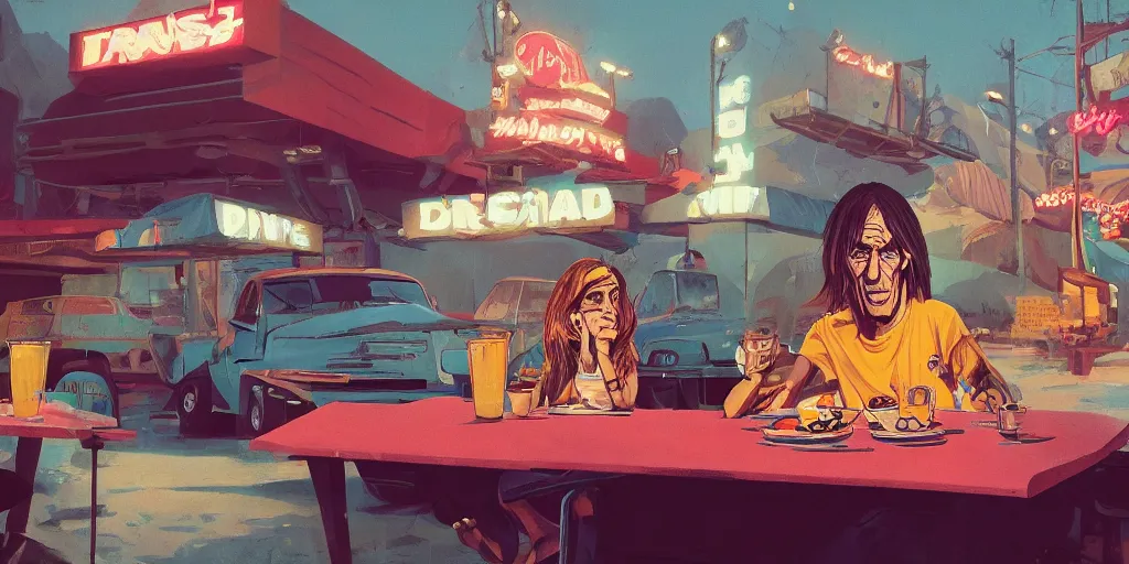 Image similar to cartoonish iggy pop having breakfast at the drive inn, vivid colors, character sheet, fine details, concept design, contrast, kim jung gi, greg rutkowski, trending on artstation, 8 k, full body, turnaround, front view, back view, ultra wide angle