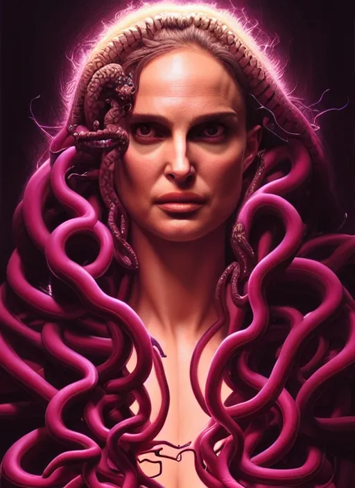 Image similar to Medusa, Natalie Portman, lots of snakes, portrait, very detailed, dramatic lighting, electrical details, high details, 4k, 8k, trending on artstation, by Greg Rutkowski, Wayne Barlowe, Hajime Sorayama and Boris Vallejo