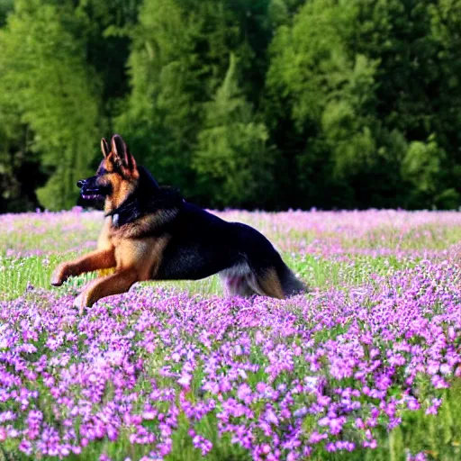 Image similar to German shepherd dog chasing a bunny in a field with daisies, trees in the distance with sun blue skies a couple of clouds