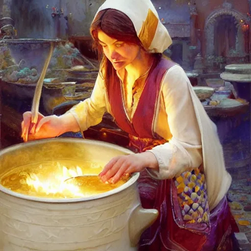 Image similar to stunning female master wizard cooking magical soup with a huge pot, highly detailed painting by gaston bussiere, craig mullins, j. c. leyendecker, 8 k