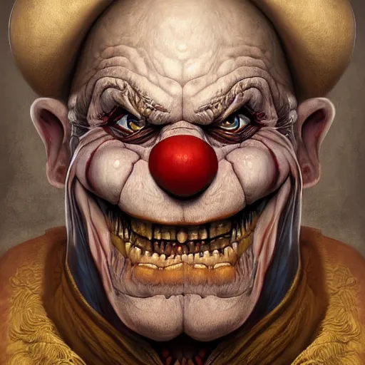 Image similar to digital painting of a wrinkled old scary clown by filipe pagliuso and justin gerard, fantasy, highly, detailed, realistic, intricate