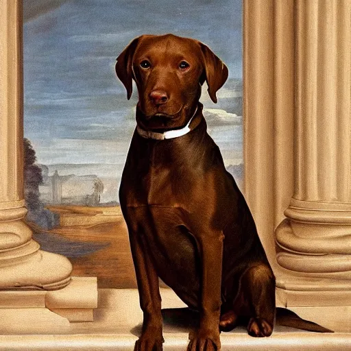 Prompt: a brown labrador dog sitting wearing a royal suit, renaissance painting, high quality, high detail, portait