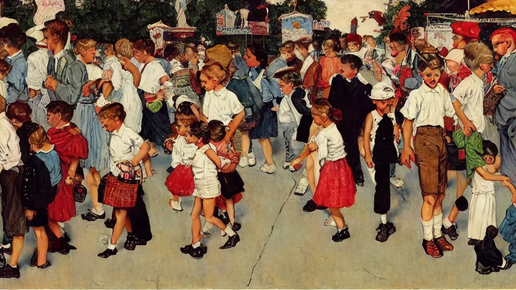 Prompt: kids wandering through a carnival, all ignoring the rides and pasting in their phones instead, by Norman Rockwell