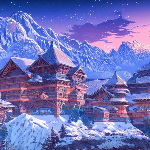 Image similar to the aesthetic view of the beautiful, grand, wistful, dreamy snowcapped mountain at dusk, hyperrealistic anime illustration by iralki nadar, colorful, extremely detailed, intricate linework, super sharp focus, bright colors, octopath traveler, studio ghibli, unreal engine 5 highly rendered, global illumination, radiant light, detailed and intricate environment