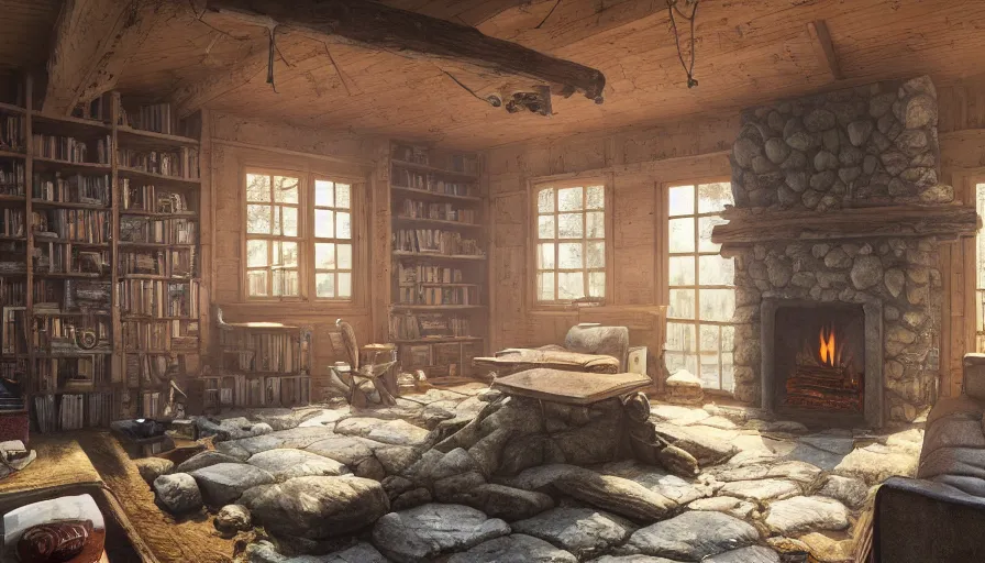 Prompt: A highly detailed matte painting of interior of old cabin, in snowy forest, fireplace, bookshelves, old couch, by Studio Ghibli, Makoto Shinkai, by Artgerm, by WLOP, by Greg Rutkowski, volumetric lighting, octane render, 4K resolution, trending on artstation, masterpiece