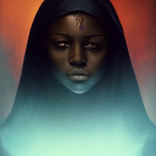 Image similar to a portrait of a young black woman wearing a long dark cloak, hood and shadows covering face, holding golden chains, oil painting, matte painting, black background, Volumetric Golden dappled dynamic lighting, Highly Detailed, Cinematic Lighting, Unreal Engine, 8k, HD, by Beksinski