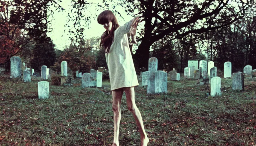 Image similar to 7 0 s film still from a horror movie starring a person with anorexia dancing in a graveyard, kodachrome, cinecolor, cinestill, photorealism, cinematic, film grain, film texture, vhs recording