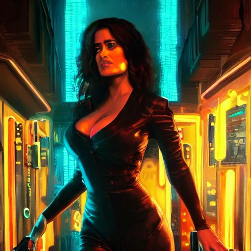 Image similar to salma hayek in a cyberpunk city bar, perfect proportions, beautiful face, perfect eyes, real life colors, elegant, sharp focus, hyper - realistic, 4 k, highly detailed, hd, dramatic lighting by brom