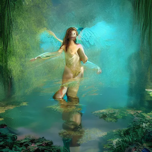 Image similar to beautiful symmetrical an old silent pond angels jump into the pond splash! silence again, surrounded by machine axonometric fantasy intricate elegant highly detailed in volumetric void of latent space lush flowers surround, realm of the gods golden turquoise steampunk, high contrast cinematic light, mystical shadows, octane render, photographic, concept art, art high renaissance art, unreal engine 8 k