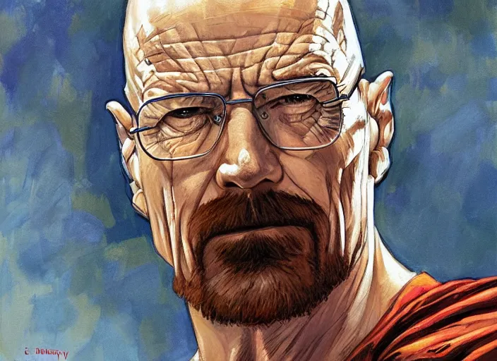 Image similar to a highly detailed beautiful portrait of walter white as superman, by gregory manchess, james gurney, james jean