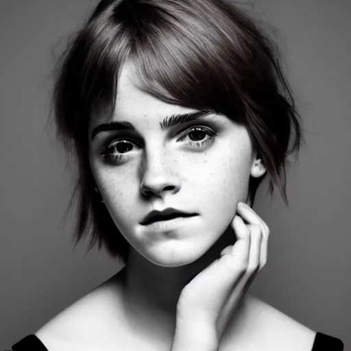 Prompt: a masterpiece portrait photo of a beautiful young woman who looks like a manic pixie dream girl emma watson, symmetrical face