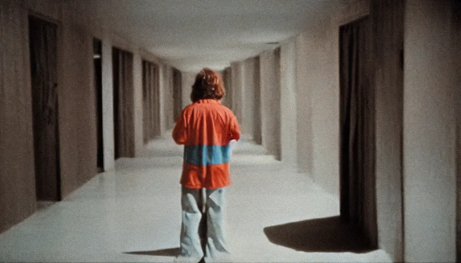 Image similar to 7 0 s film still from a horror movie featuring a person suffering from treacher collins syndrome standing alone in a liminal space, kodachrome, cinecolor, cinestill, photorealism, cinematic, film grain, film texture, vhs recording