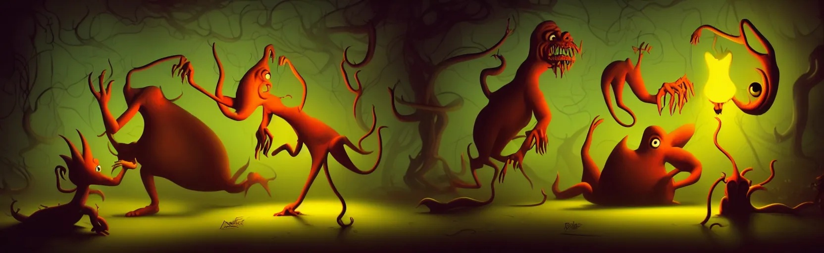 Prompt: whimsical unanny creatures and monsters from the depths of unconscious, dramatic lighting, classic fleischer cartoon characters, surreal painting by ronny khalil