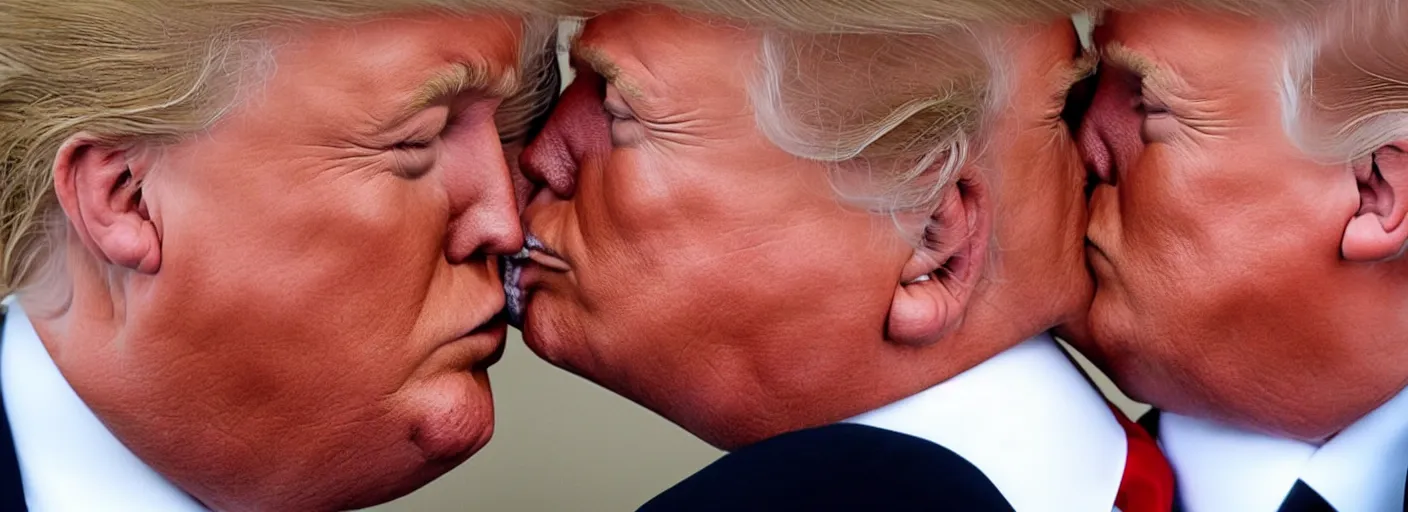 Image similar to beautiful high quality romantic portrait photo of donald trump kissing donald trump. hq. hdr. golden hour. donald trump and donald trump kissing on the lips. very high resolution. amazing lighting.