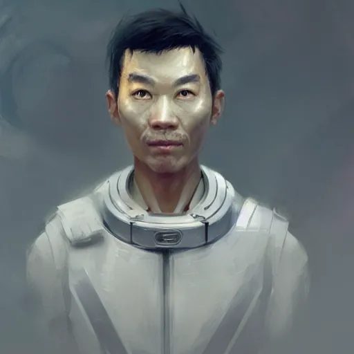 Image similar to a space ship crew member, male, asian, stubble, scars, tired smirk, sci fi character portrait by Ruan Jia and Mandy Jurgens