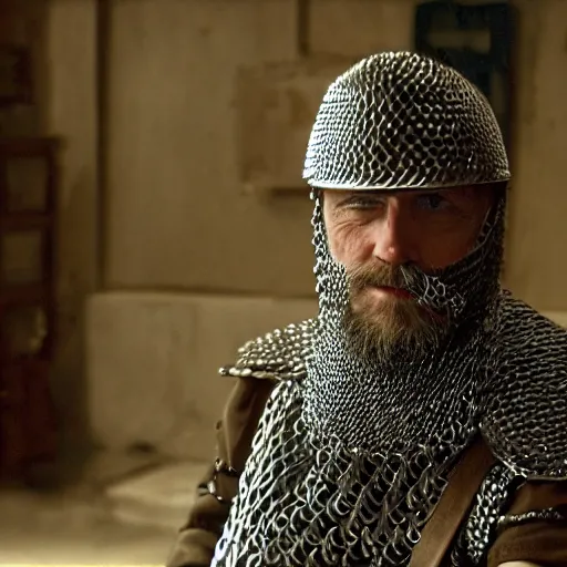Prompt: a man wearing full chainmail, sitting in waitin room, film still